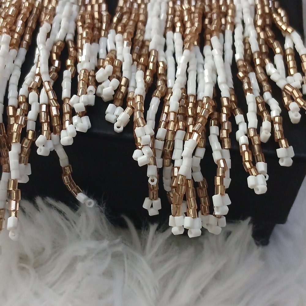 Natasha Couture Gold White Beaded Fringe Boho Festival Sexy Statement Earrings - Picture 10 of 13